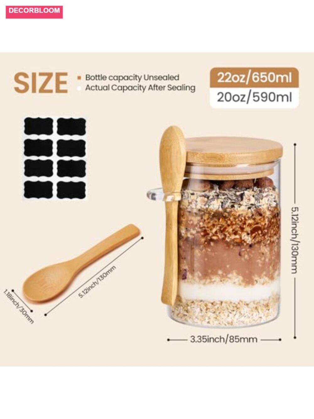 6-Pack 22oz Glass Meal Prep Jars with Bamboo Lids & Spoons - Picture 2 of 6